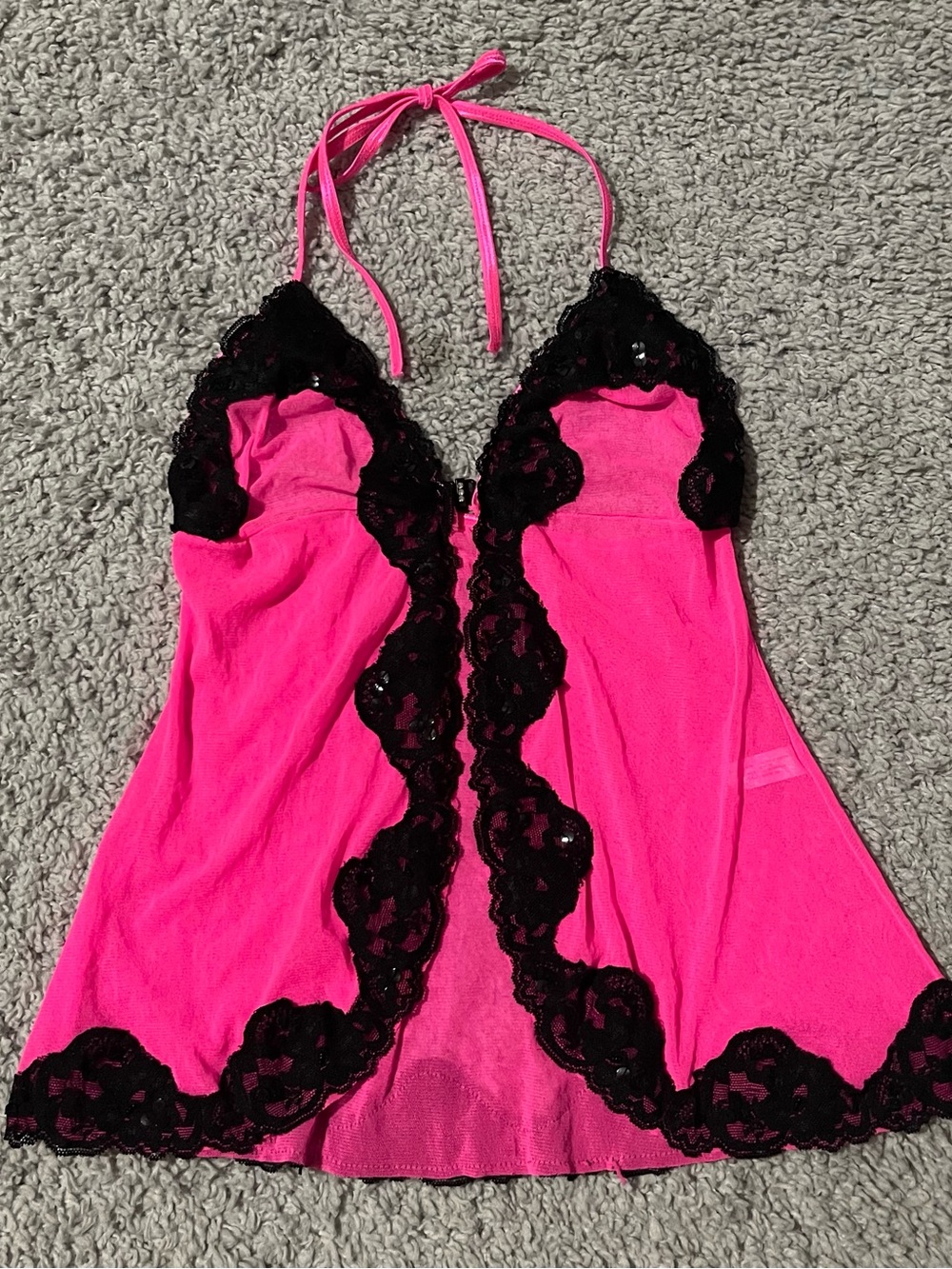 Vintage Leg Avenue Pink Lace-Trim Halter Babydoll Top With Bellybutton Cut Out